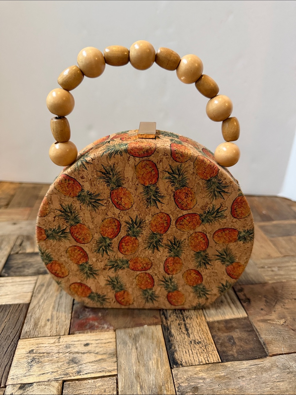 Pineapple Print Round Cork Handbag with Bead Handle